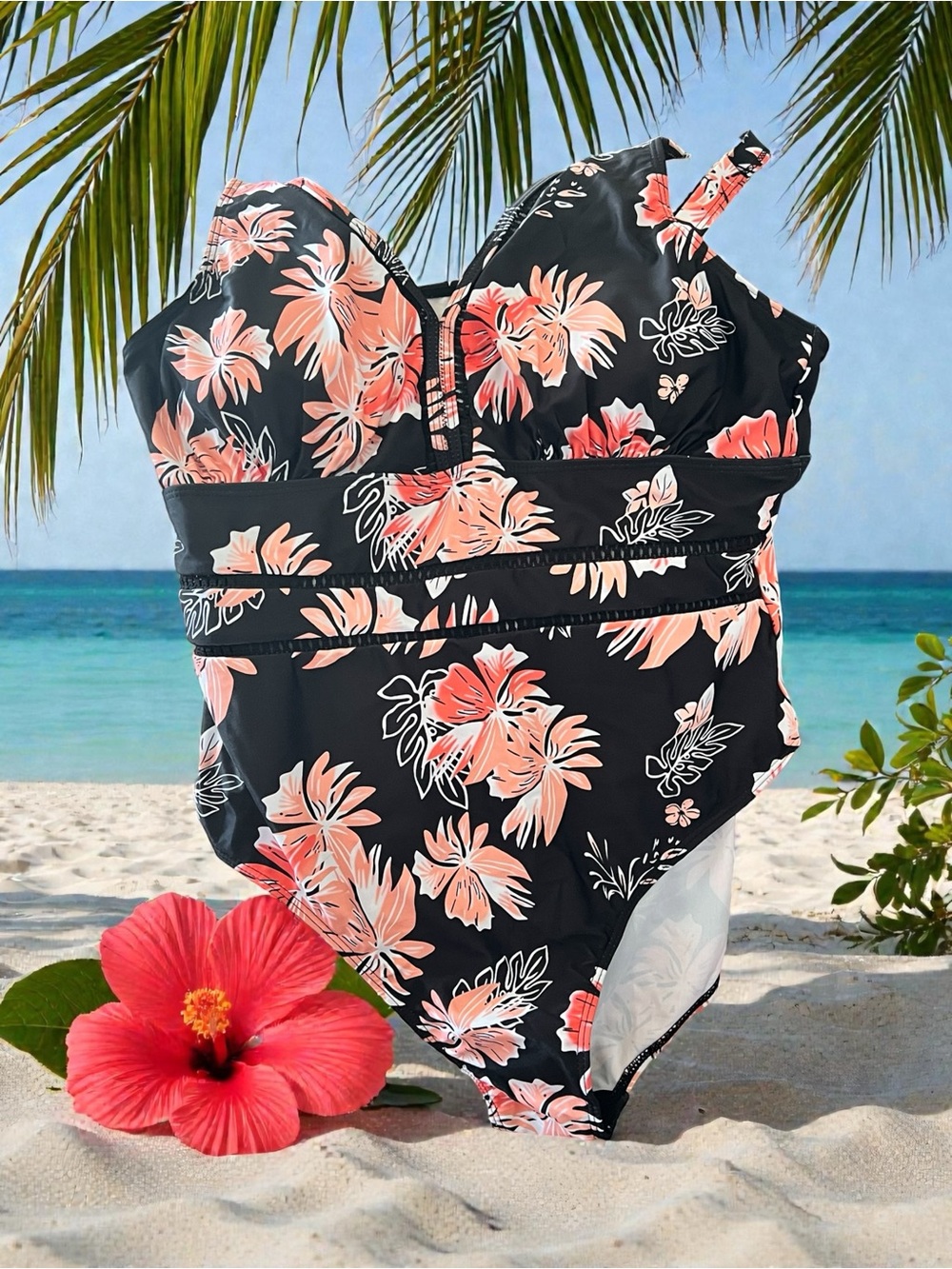 Black Floral womens One-Piece Swimsuit with Pink Hibiscus Print